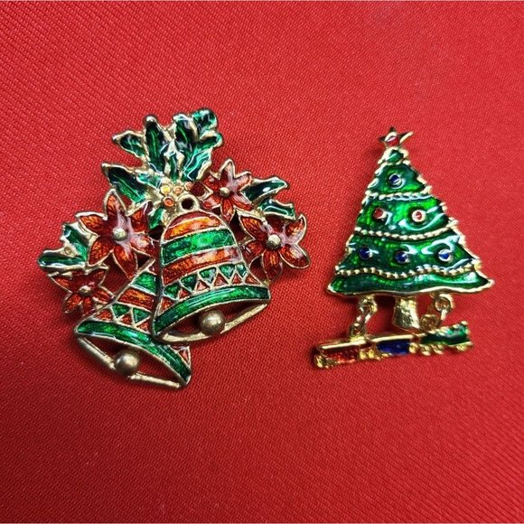 Christmas Pins/ Brooch Set of 2 Christmas Bells & Tree Pins - Picture 2 of 9